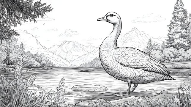 Artistic Goose Illustration Set Against the Parbat Mountain Backdrop picture