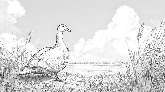 Detailed Sketch of Goose Standing Beside Majestic Parbat Mountain picture