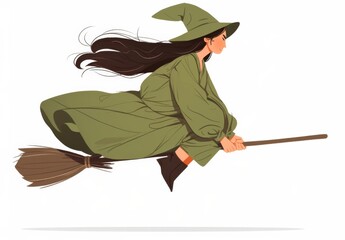  a flying witch on a broomstick, set against a white background, perfect for Halloween-themed designs