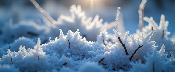 Obraz premium A close up of snow covered branches with the sun shining on them. Concept of tranquility and peacefulness, as the snow-covered branches and the sun create a serene and calming atmosphere