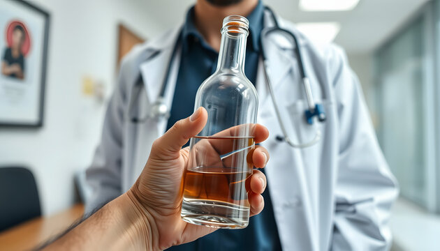 Alcoholic hold in hand empty bottle at doctor reception office closeup. Grief and despair, intoxicated, change life, drunkenness lifestyle sobriety and temperance bad habit dependence concept isolat