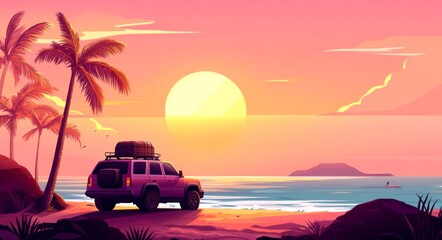 Vibrant beach scene featuring an SUV with luggage on top, framed by palm trees in the foreground, set against a stunning sunset that captures the essence of a tropical getaway.