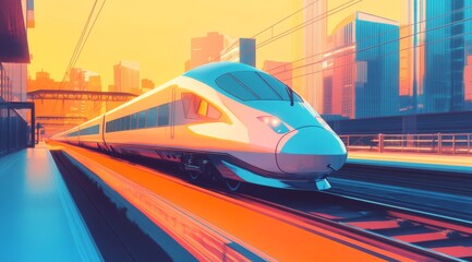 Futuristic high-speed train passing through a cityscape, featuring a digital illustration style with an orange and blue gradient background