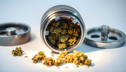 Close-up of marijuana in grinder on white table isolated with white highlights, png