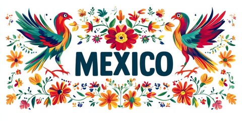 Vibrant logo featuring geometric shapes, flower and bird patterns, and the word "MEXICO" in a Victorian frame