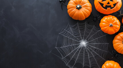 Halloween Flat Lay Design with Spider Webs and Pumpkins This dark and spooky Halloween flat lay features a large spider web intricately spread across a black surface, surrounded by