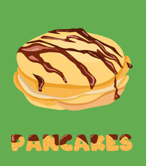 Pancakes with topping of chocolate syrup. Vector illustration, flat cartoon color design, eps 10. Banner or Poster for cafe or print on clothe.