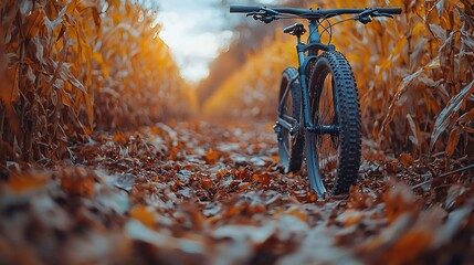 A mountain bike stands in a path through a field of tall corn stalks.  The sun shines through the stalks, creating a warm glow.  The ground is covered in fallen leaves.