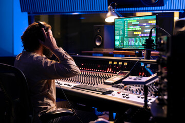 Sound engineer using headset to edit tracks on audio digital software, producer creates music and...