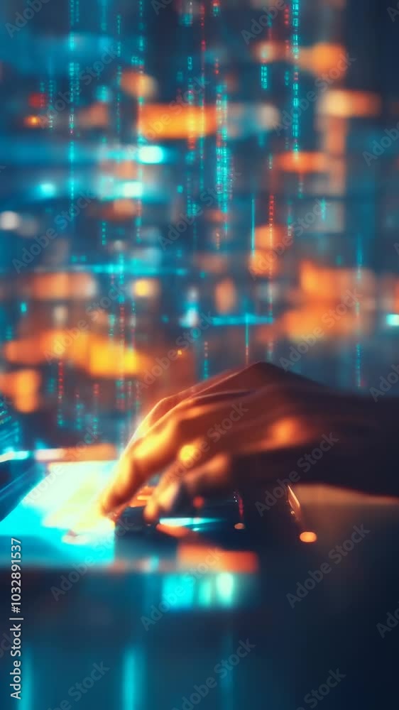 Aufkleber Software developer is typing code on a laptop keyboard, illuminated by the glow of the screen with abstract technology design in the background