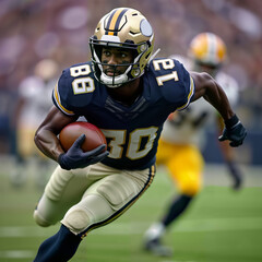 An action-packed moment of a football player sprinting with the ball, showcasing athleticism and determination. Ideal for sports marketing, team promotions, or dynamic lifestyle content