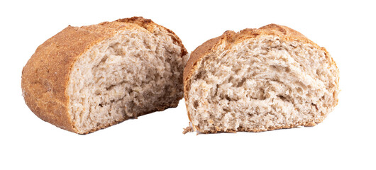 artisan homemade bread WHOLE round sliced ​​in half front isolated top view