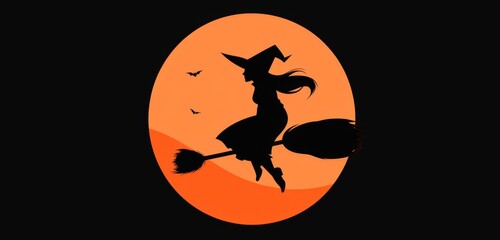 Fototapeta premium a cartoon witch flying on a broomstick against a full moon, featuring a Halloween concept with an orange sky and a yellow glowing light effect