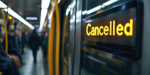 A close-up of the interior of  an Underground train, the LED display showing "Cancelled" in bright yellow text