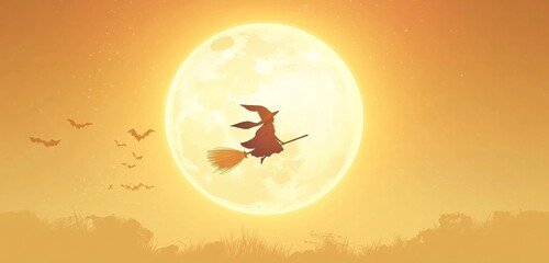 a cartoon witch flying on a broomstick against a full moon, featuring a Halloween concept with an orange sky and a yellow glowing light effect