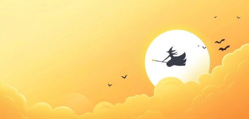 a cartoon witch flying on a broomstick against a full moon, featuring a Halloween concept with an orange sky and a yellow glowing light effect