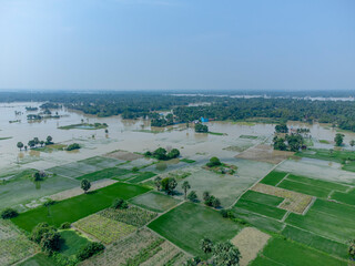 view of a village field in flood time