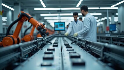 Generative, AI, Industrial robots operating on a factory assembly line with workers monitoring production process.

