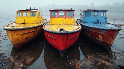 Obraz premium Three weathered boats on the shore in foggy weather