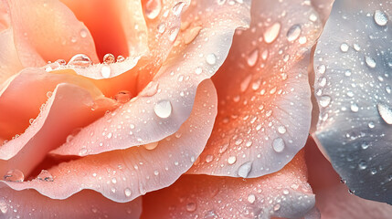 Fototapeta premium Delicate petals in soft hues glisten with water droplets as sunlight gently filters through creating a serene mood