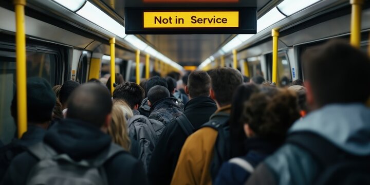 A packed Underground train filled with commuters, the display above reads "Not in Service" 