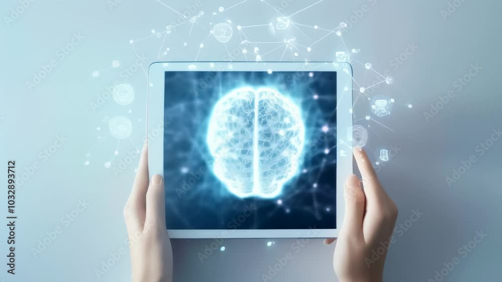 Poster businesswoman is holding a tablet showing a hologram of the human brain, symbolizing artificial inte