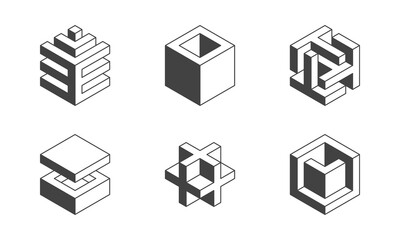 Black and white Cube logo, geometric vector design. Set box logotype company, trendy techno emblem in isometric 3D style.