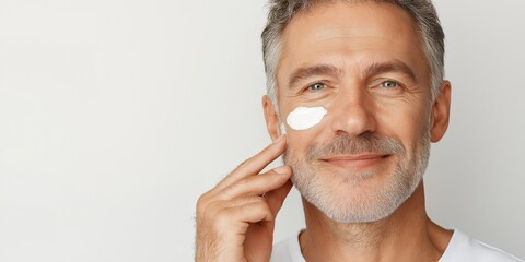 Obraz premium Happy middle-aged 45 years old man applying facial anti-aging skin care cream