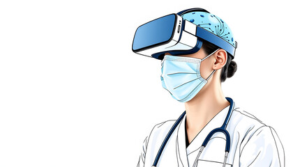 Doctor Nurse wearing VR goggles surgical mask analyze the health problem, using metaverse technology innovation medical healthcare in the virtual world, future healthcare, and digital medical concep