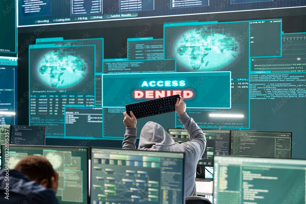 Poster displeased irritated team of hackers with denied access message on a big screen in governmental oper