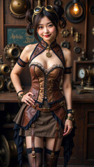 「スチームパンクスタイルのレザービスチェとゴーグルを身につけた女性、アンティークな小物に囲まれた背景で自信に満ちたポーズ、ブロンズとブラウンの金属的な色調が強調されたヴィンテージ感溢れる撮影」