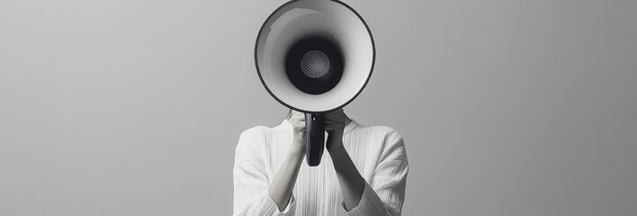 Person holding a megaphone in front of their face.