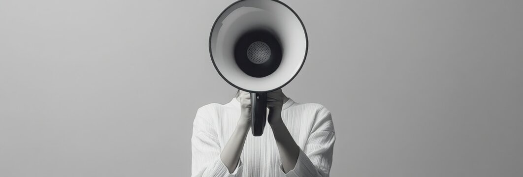 Person holding a megaphone in front of their face.