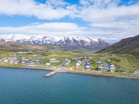 Aerial view of village of Grenivik in Eyjafjordur in north Iceland