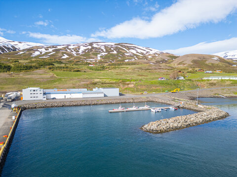 Aerial view of Port of Grenivik in north Iceland