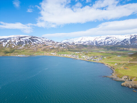 Aerial view of village of Grenivik in Eyjafjordur in north Iceland