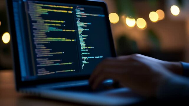 Programmer codes on laptop late at night, face illuminated by screen with intricate lines of code. Captures digital world where technology and creativity intersect