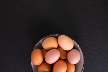 Concept of fresh and natural farm product - eggs, space for text