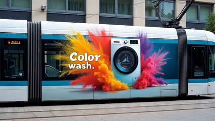Generative, AI, Tram with vibrant advertisement for a washing machine featuring colorful explosion graphics.

