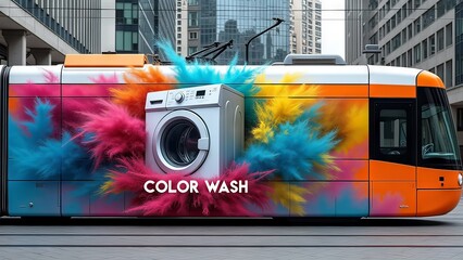 Generative, AI, Tram with vibrant advertisement for a washing machine featuring colorful explosion graphics.

