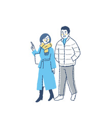 並んで歩いている冬服の若いカップル