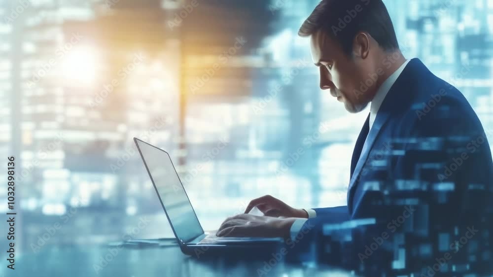 Poster focused businessman working late on laptop in office with cityscape hologram. embracing innovation a