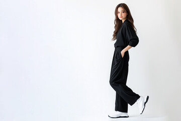 黒いカジュアルな服装で歩く若い女性