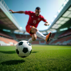 Obraz premium A dynamic shot of a soccer player in action, striking the ball on a vibrant green field. Perfect for sports promotions, team branding, or athletic event marketing