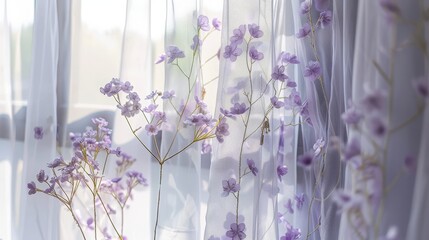 Delicate purple flowers peek through sheer white curtains, creating a soft and romantic atmosphere.
