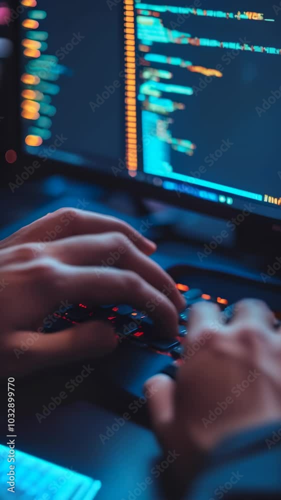 Poster Software developer works late, coding on multiple monitors in a dark office, hands typing quickly, showcasing expertise in technology and cybersecurity