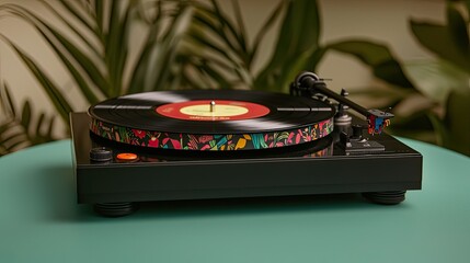 A stylish record player on a green table, paired with vibrant vinyl, surrounded by lush plants, showcasing a modern retro aesthetic.
