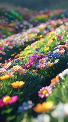 Fototapeta premium 13. A vibrant 3D triangle field filled with flowers and greenery, capturing springtime