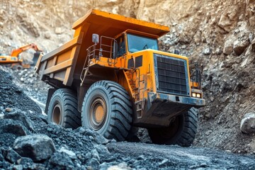 Large yellow mining dump truck working in open pit mine