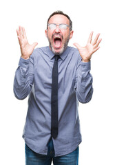 Naklejka premium Middle age hoary senior business man wearing glasses over isolated background celebrating mad and crazy for success with arms raised and closed eyes screaming excited. Winner concept